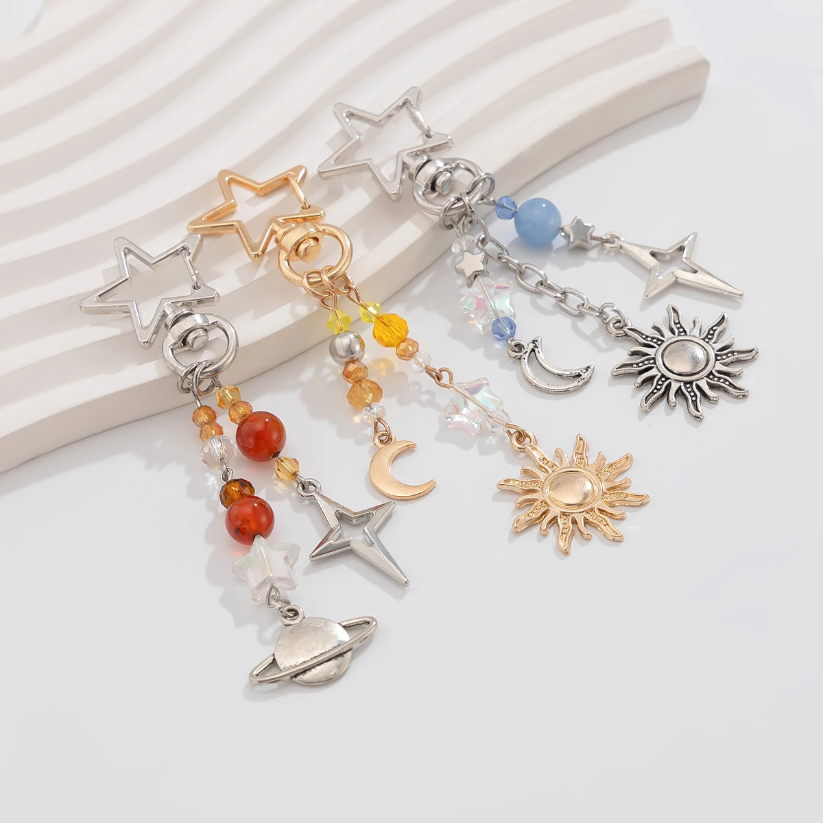 Ingemark 3Pcs/Set Punk Stars Moon Sun Pendant Bag Keychain for Women Boho Colorful Beads Key Ring Bag Chain Y2K Jewelry Gift New