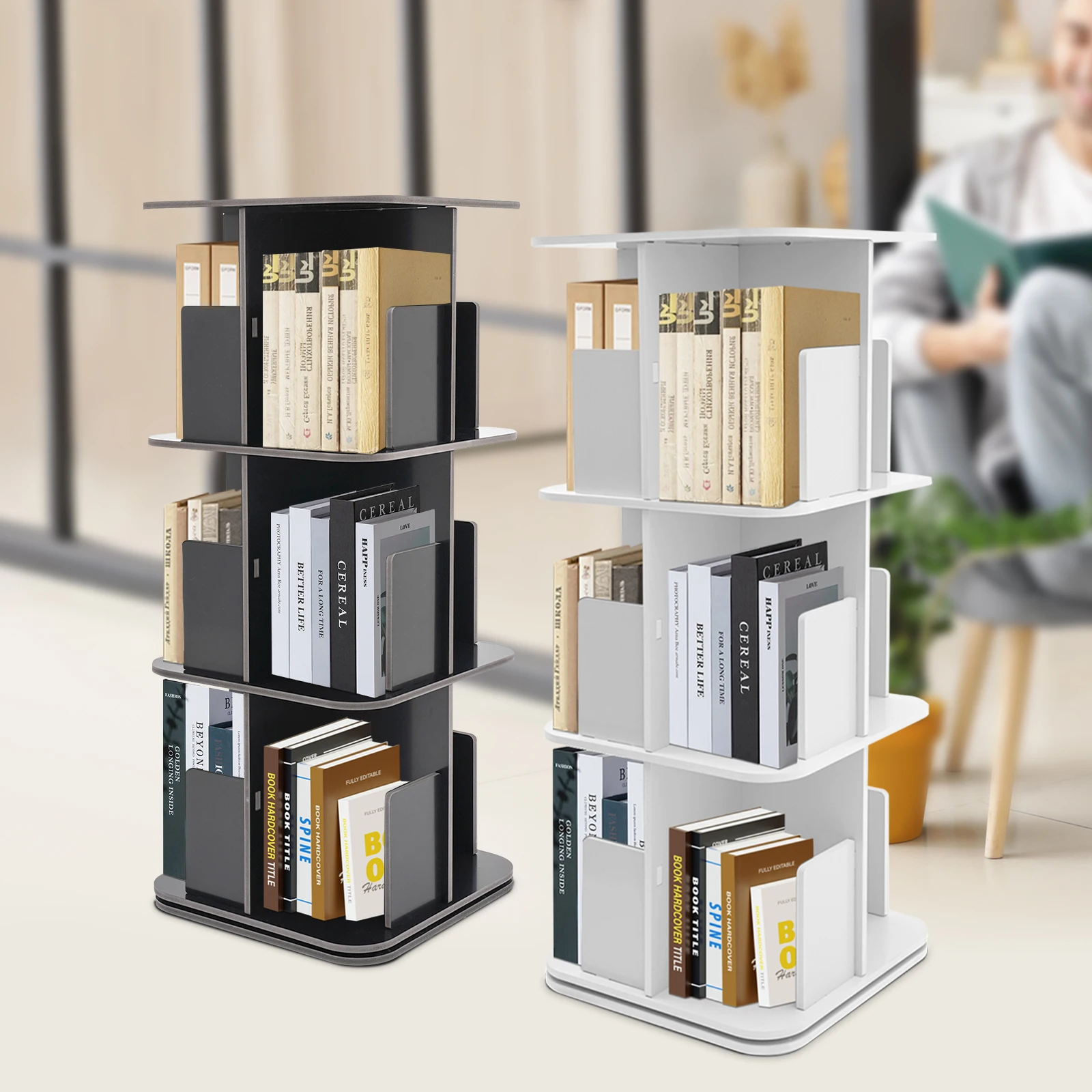 White/Black Desktop Bookshelf|3-Tier 360° Rotating Desktop Bookcase|PVC Storage Shelf for Books Display Office Home