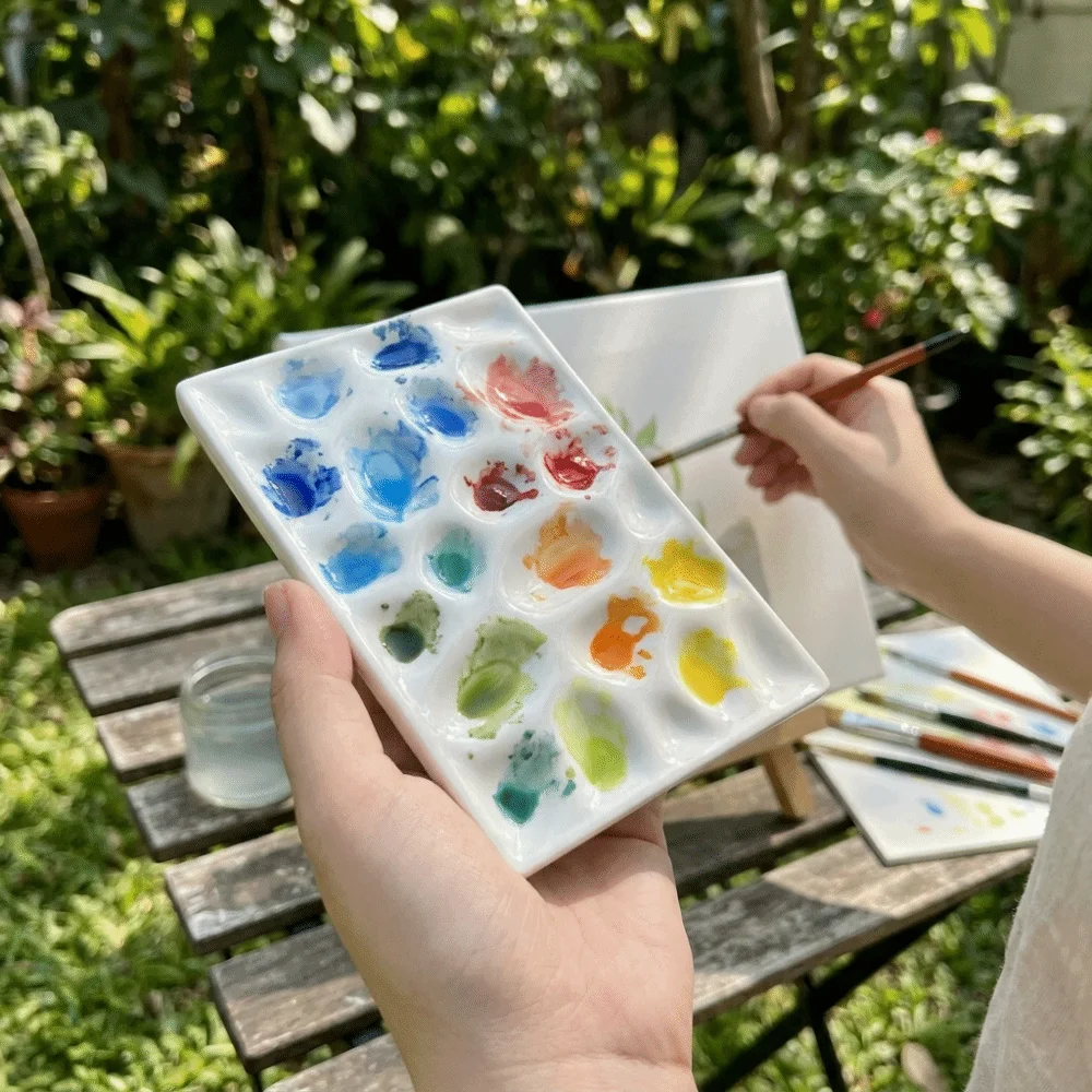 Multi Compartment Ceramic Paint Palette Reusable Smooth Surface Rectangular Pothole Pigment Tray DIY Professional