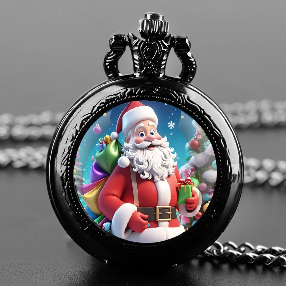 Christmas Santa Claus Glass Dome Quartz Pocket Watch With Durable Chain Arabic Numeral Dial Extraordinary Gifts for Men Kids