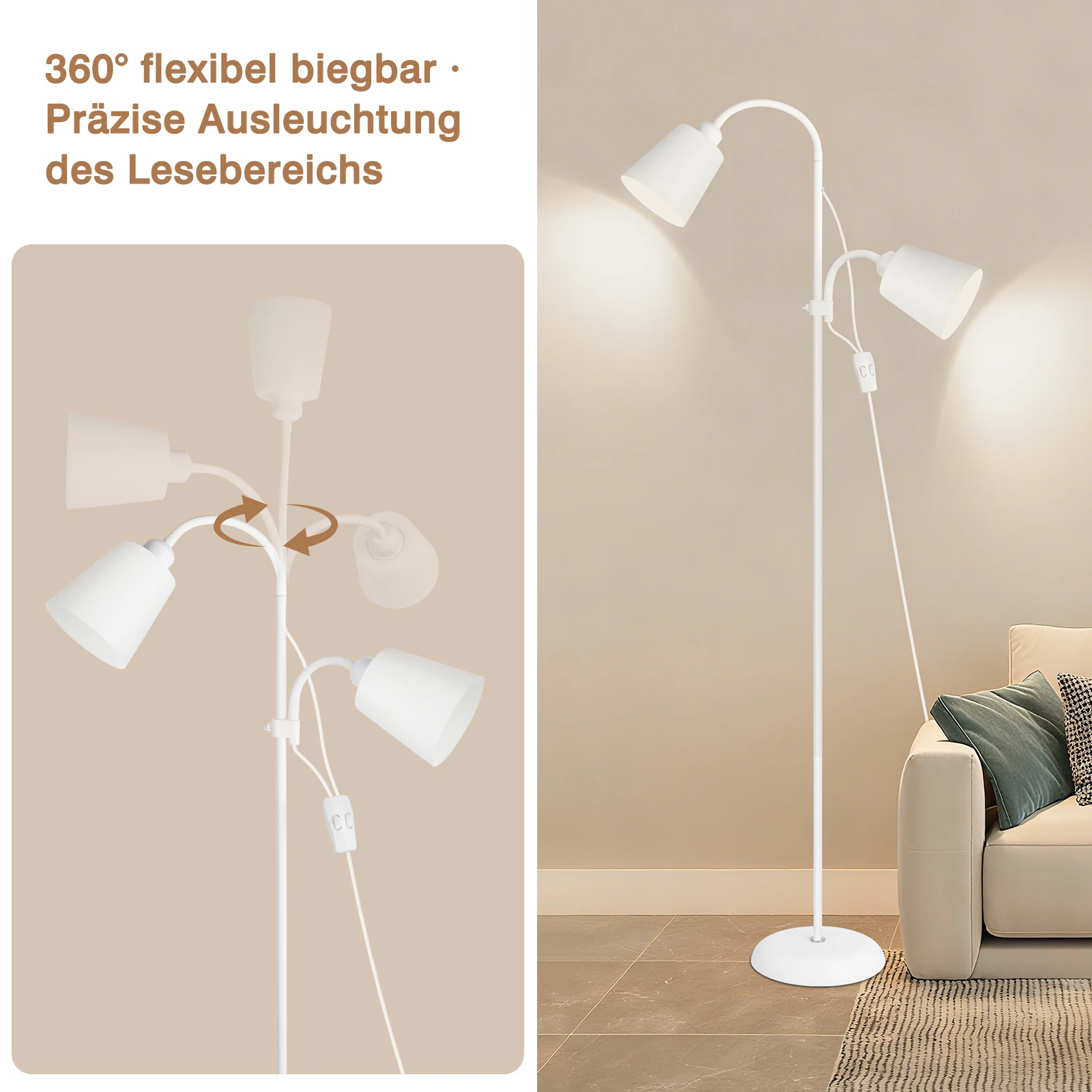 Moderne weiße Stehlampe mit 2 E27-Lampenköpfen, 360 ° Schwenkbare Leselampe, Metall-Stehlampe für Wohnzimmer-Sofa, ohne Glühbirnen – Detail 3