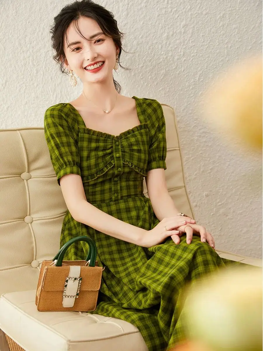 LOUIS YAO Women Dress 2024 Summer New Slim Mid-length Retro Green Plaid High Waist Square Neck Lace Bubble Sleeves Green Dress