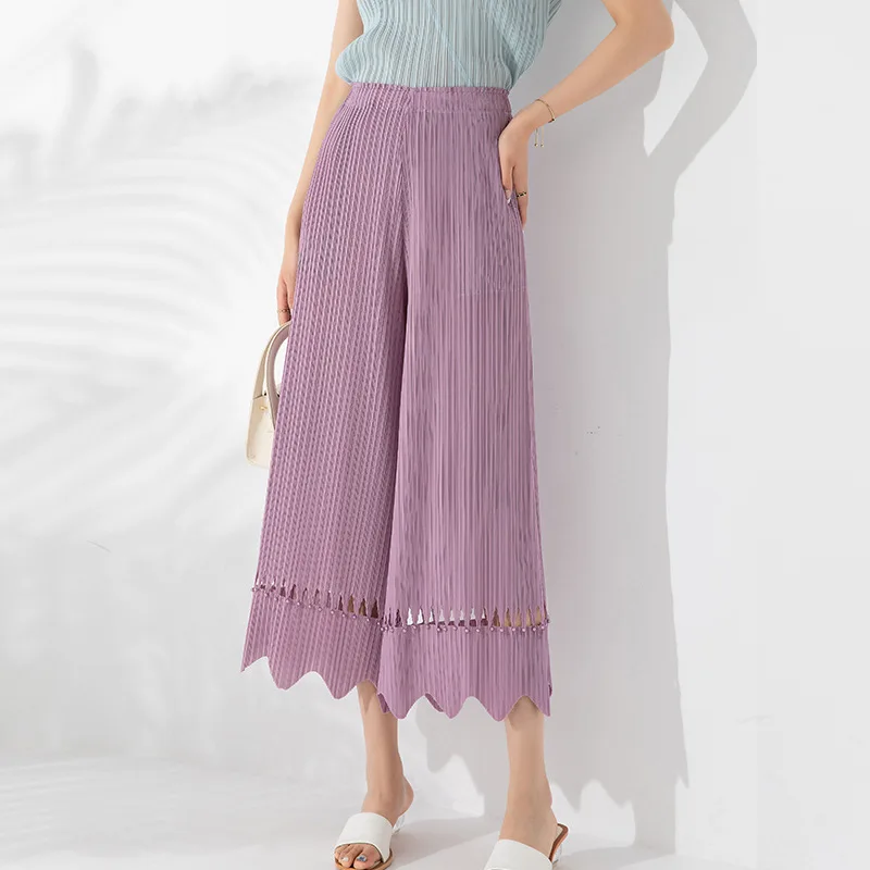 

Casual Trousers Women's Clothing 2023 Summer New Beading Hollow Out High Waist Stretchable Miyake Pleated Pants Ankle Length