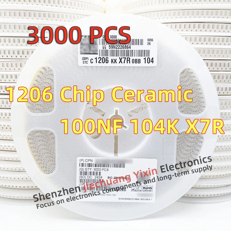 

Chip Ceramic Capacitor 1206 100NF 0.1UF 50V 100V 104K 10% accuracy X7R material 3216 Capacitance 3000pcs