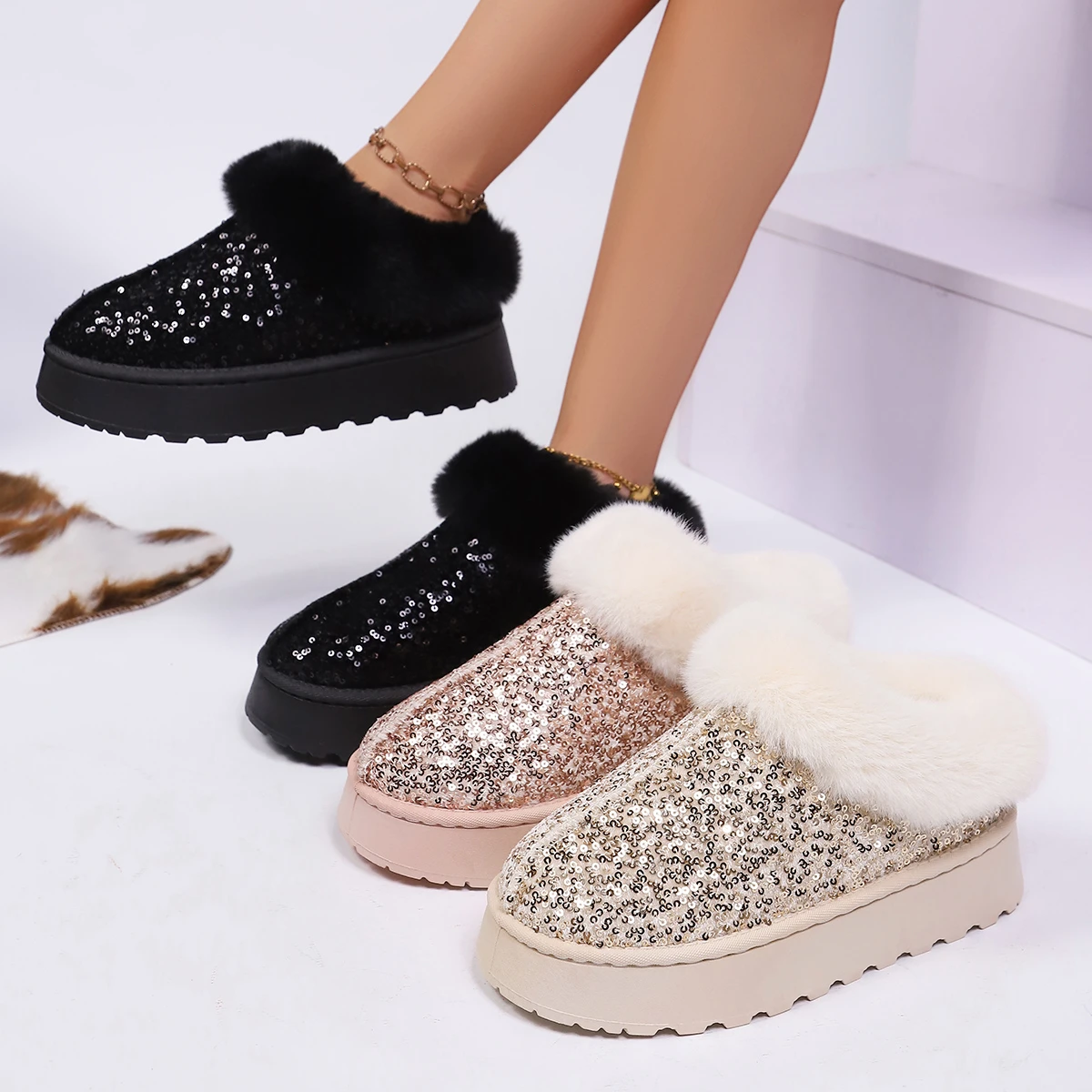 

Women Boots Thick Bottom Warm Snow Boots Women Winter Thickened Warm Sequin Cotton Shoes Comfortable Outdoor Casual Fur Shoes