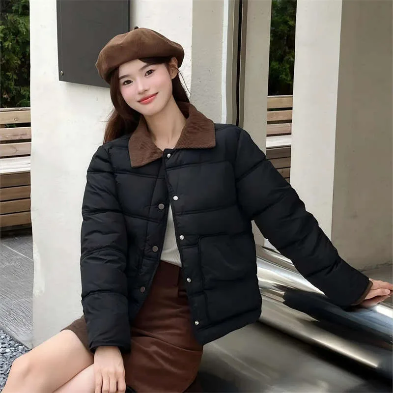 Novo outono inverno jaqueta de algodão feminino casaco de algodão pequeno perfumado veludo emenda cor bloco curto roupas de algodão