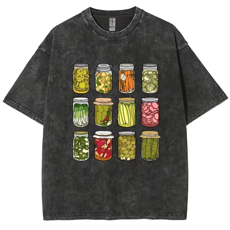 

Cartoon Canned Pickle Print Women's T-Shirt Washed Cotton Vintage Crew Neck Short Sleeve Casual Fashion Design Top Basic Tees