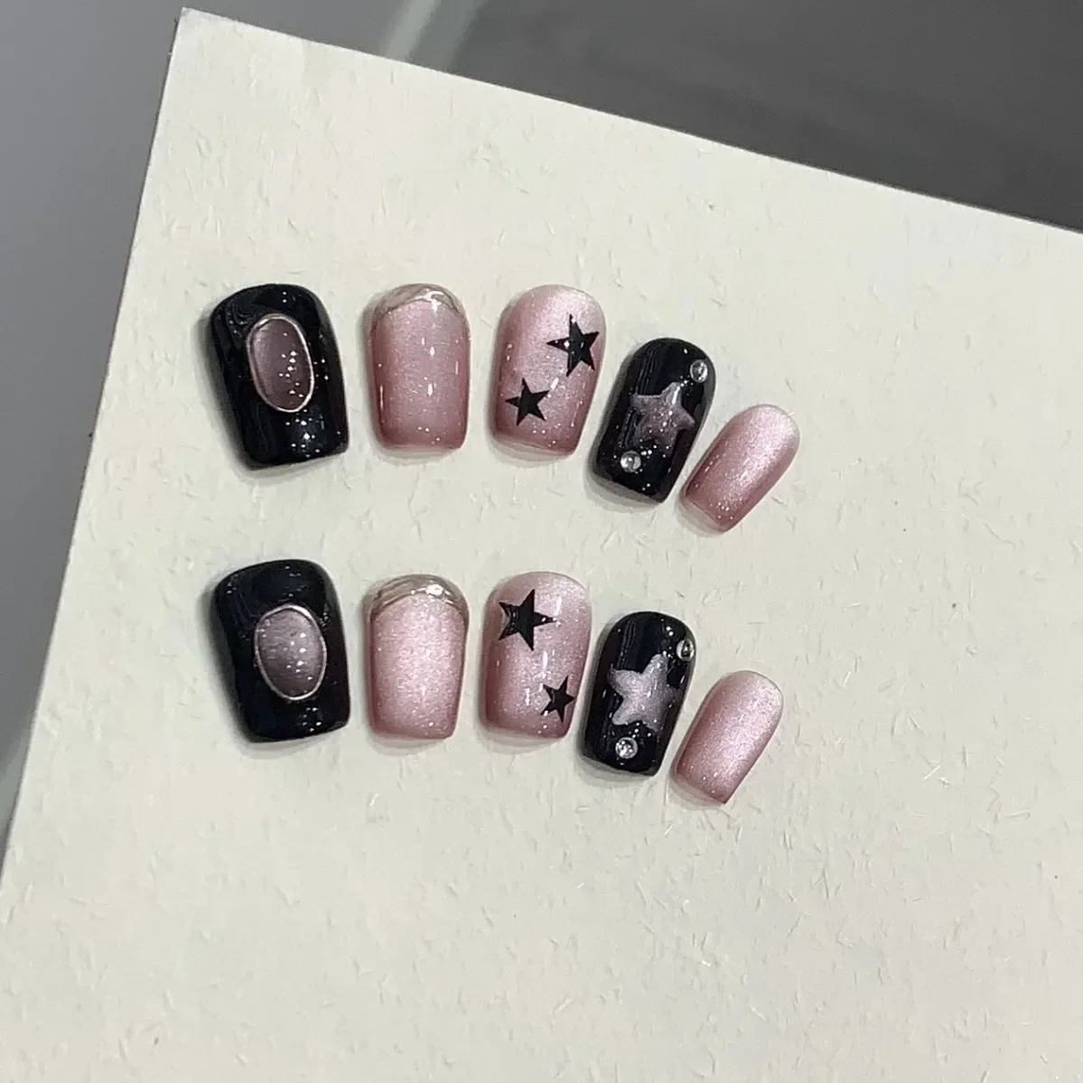 10Pcs Handmade Press On Nails Full Cover Pink Cat Eye Heart Design French Short Ballerina Fake Nails Wearable Manicure Nail Tips