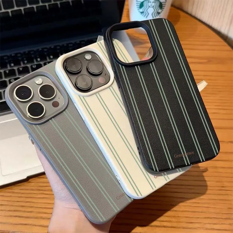 The Green Stripe Lichee Pattern Phone Case for iPhone 17/16/15/14/13/12/11 Pro Max XS X XR