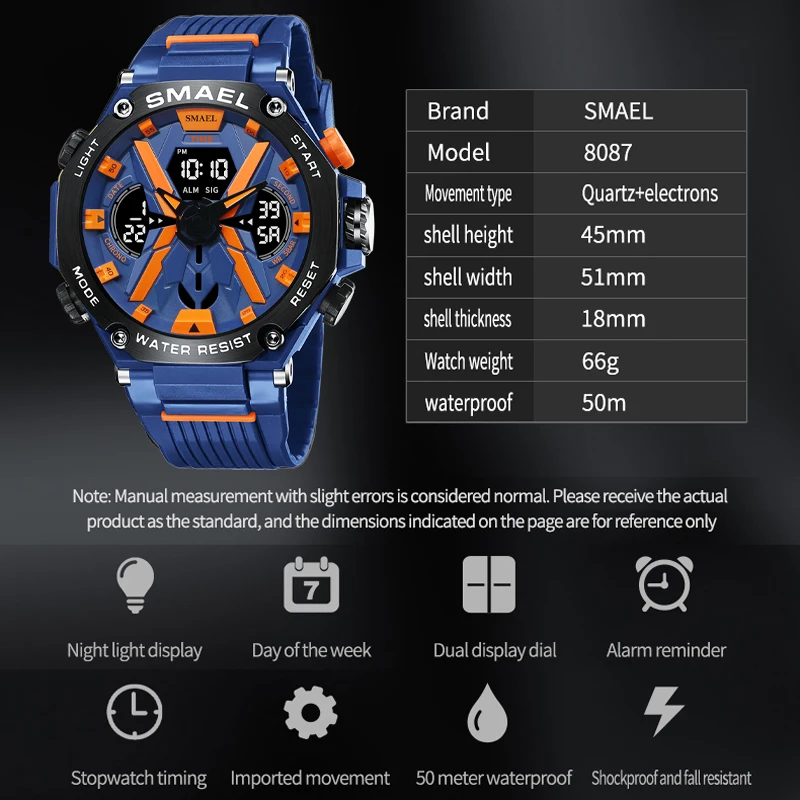 SMAEL Sport Watches Male Clock Digital LED Display Quartz Analog Stopwatch Fashion Blue Orange Clock Waterproof Men Watch