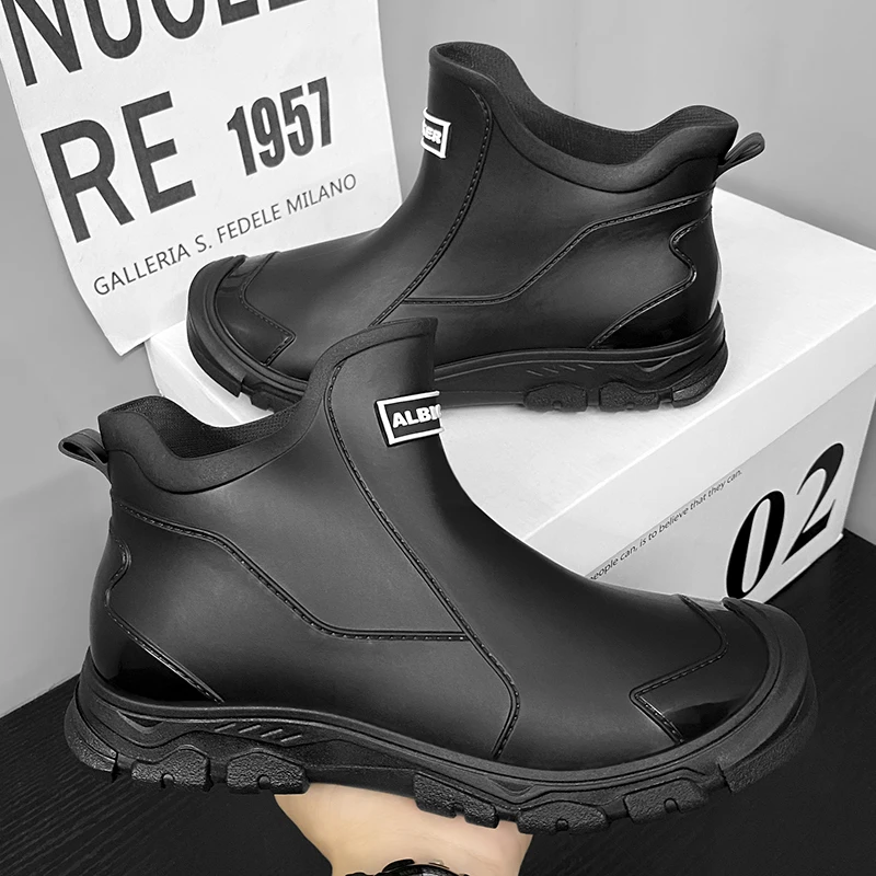 Botas de lluvia gruesas de altura media para hombre, zapatos cortos de cocina, antideslizantes, impermeables, de goma, para trabajo, forro polar cálido