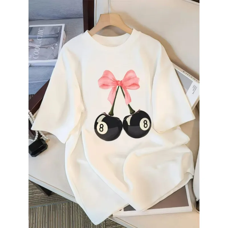 

Pink Bow Black Billiards 8 Cherry Pattern Women's T-shirt Summer Fashion T-shirt Round Neck Top Soft Loose Short Sleeve