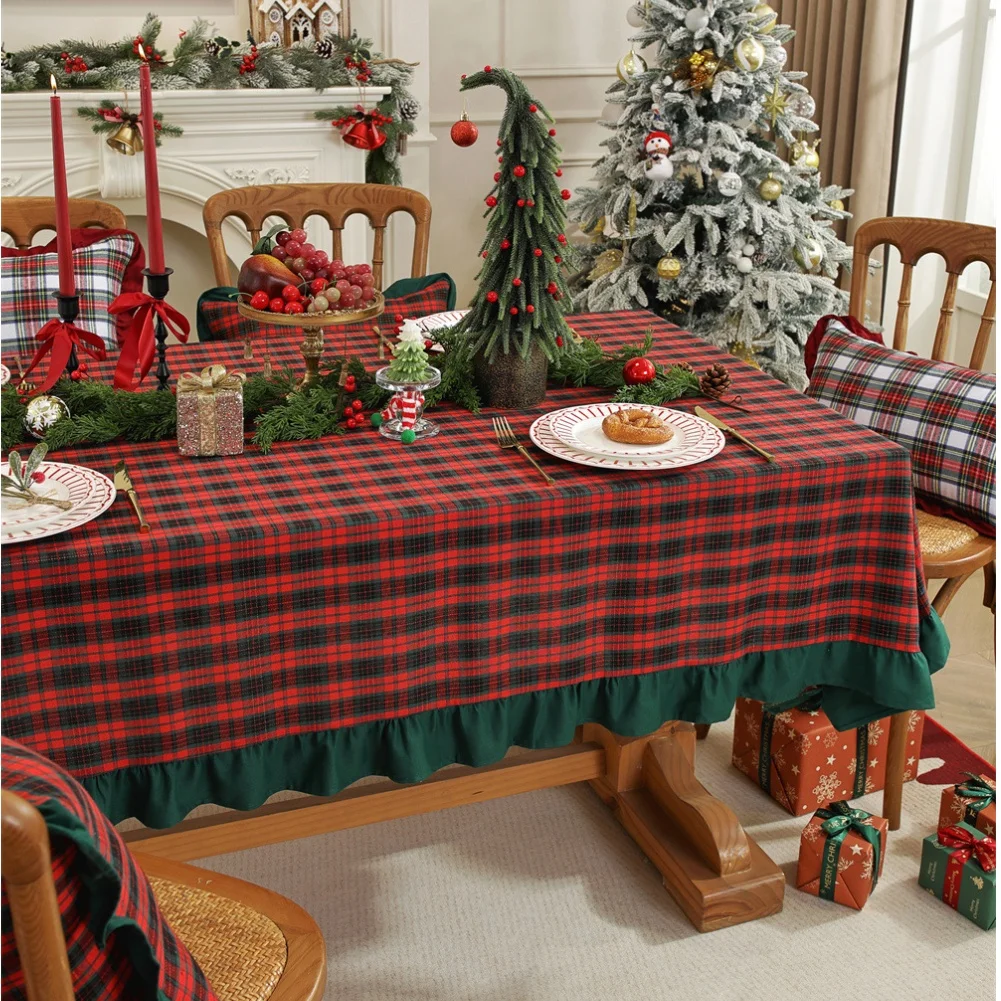 Tablecloth Holiday Theme Plaid Checkered Pattern Fabric Blend Ruffled Hem for Dining Table 140x140cm 140x200cm