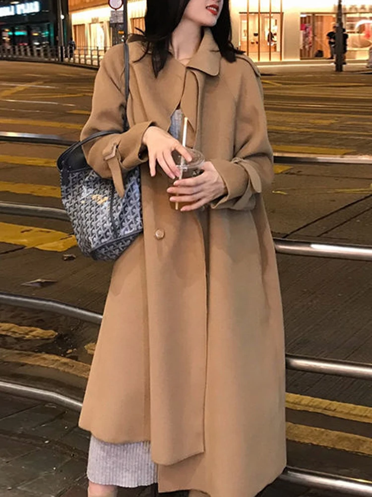 

Woolen Coat Women Autumn Winter Long Jacket Female Korean Fashion Loose Overcoat Ladies Casual Lapel Double Breasted Outerwear