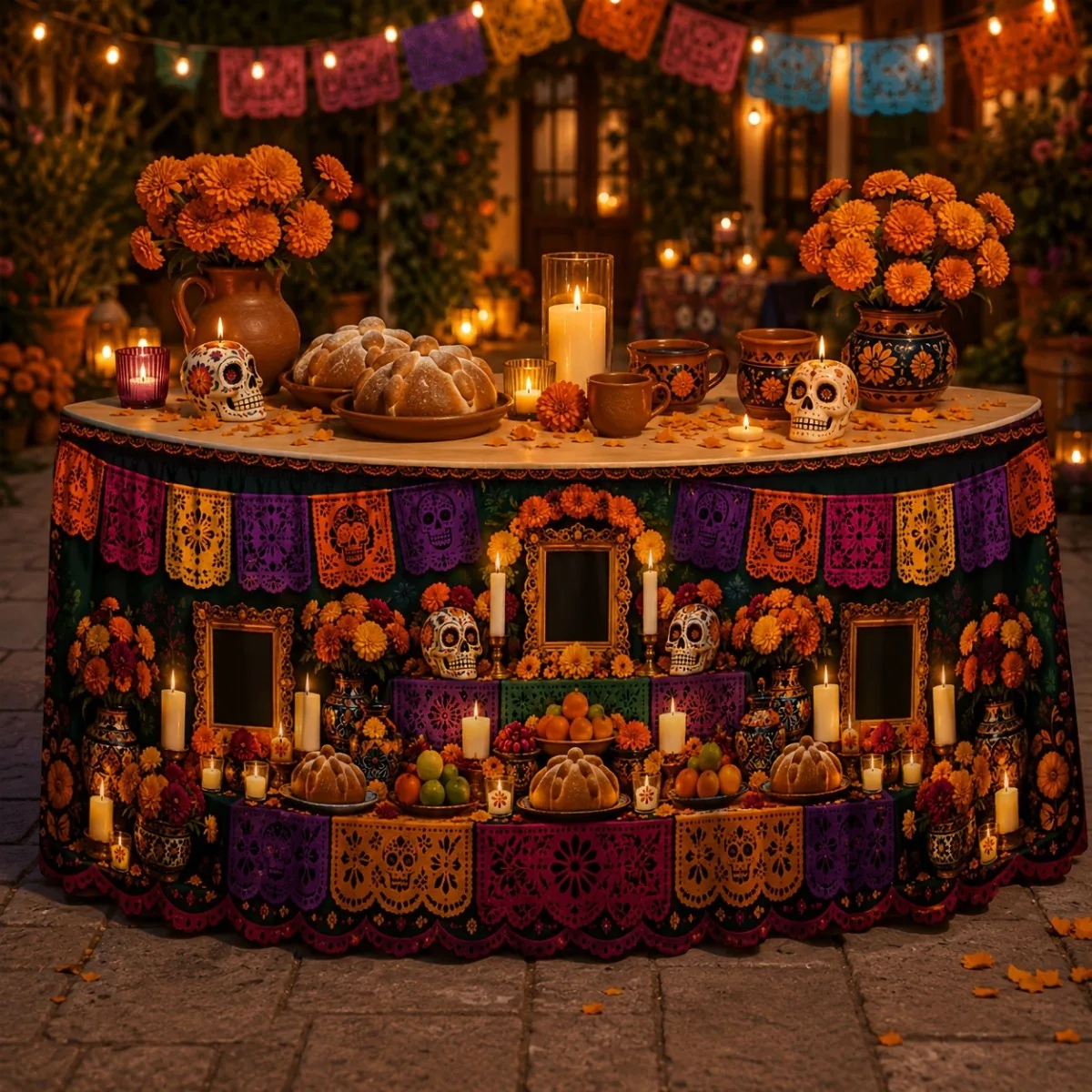 2D1pc Party Tablecloth, Party Dress, Day of the Dead Altar Sugar Skull Paper Flag Paper Flower Pattern - Table Decoration