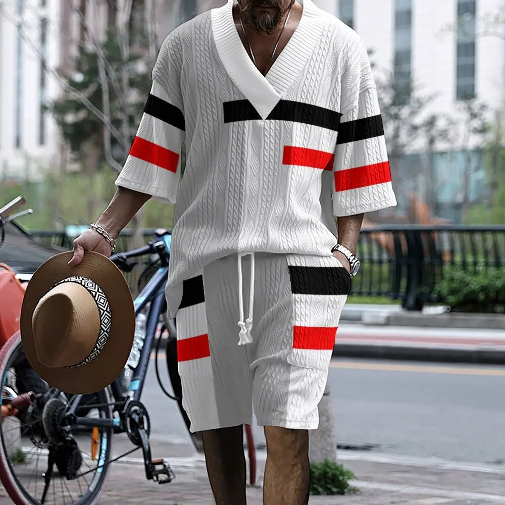 3D printed striped casual knitted shorts set for men\'s summer loose fitting short sleeved large V-neck t-shirt 2-piece set