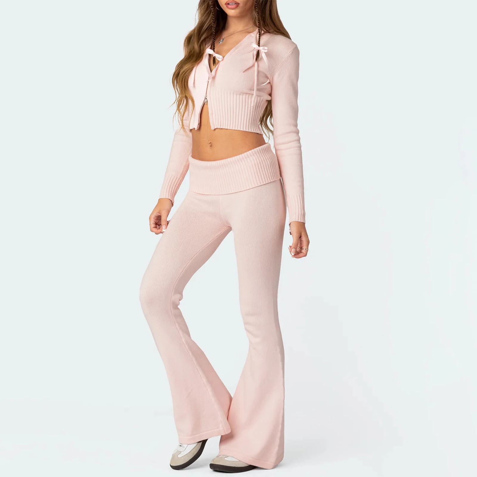 Y2K Sweater Lounge Set Knitwear Women 2 Piece Outfits Knitted Zip Up Hooded Jacket Crop Top Low Waist Flare Leggings Pants