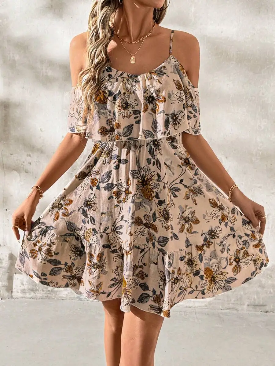 

Women's Off-Shoulder Floral Print Ruffled Midi Dress with Cinched Waist