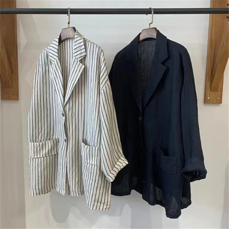 SuperAen Retro Striped Elegant Cotton and Linen Women Spring and Autumn New Japan Style Loose Casual Simple Notched Suit Jackets