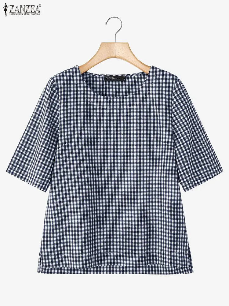 เสื้อผู้หญิงลายตารางหมากรุก ระบายอากาศได้ดี สำหรับฤดูใบไม้ผลิและฤดูร้อน คอทรงโอ แขนสั้น สไตล์ลำลอง แบรนด์ ZANZEA เหมาะสำหรับใส่ในชีวิตประจำวัน ไซส์ S-3XL