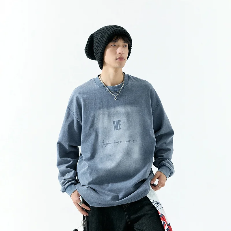 

Мужская футболка с длинным рукавом в американском стиле, весенне-осенняя, из потертого хлопка, с круглым вырезом, удобная, для ношения под одеждой, молодежная мода