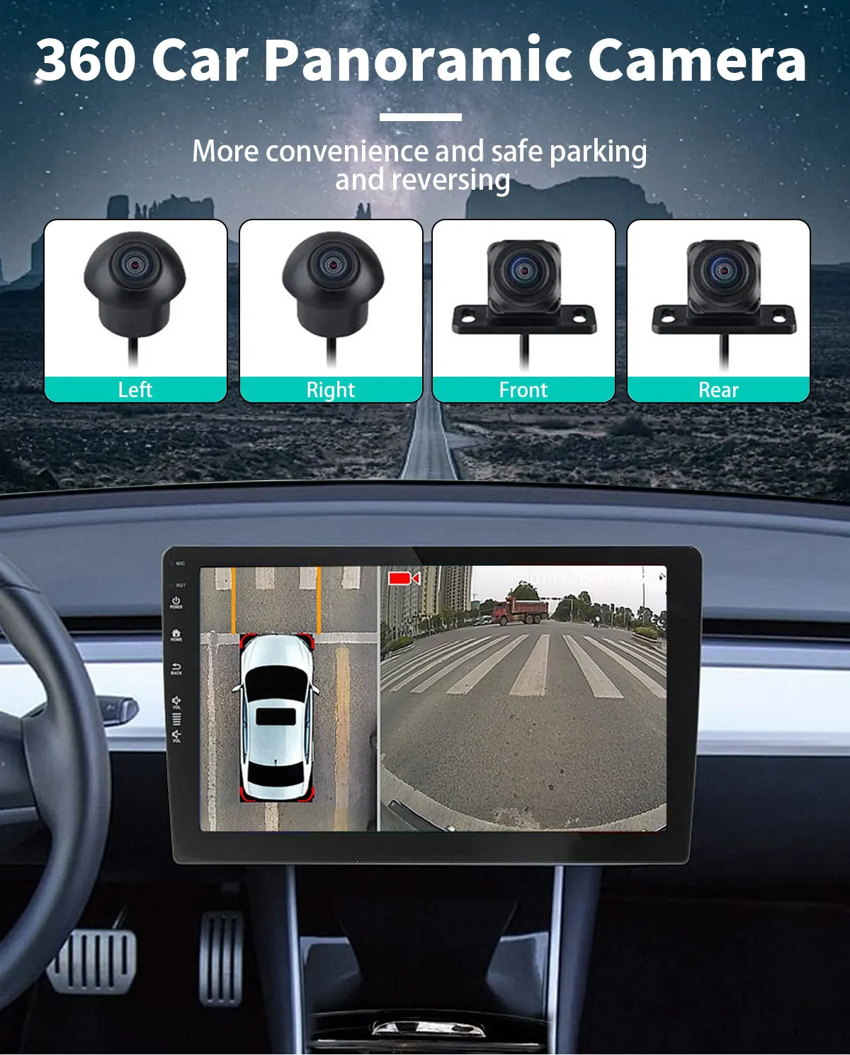 360 °   Telecamera per auto da grado 1080P Surround panoramico 3D Kit telecamera per retromarcia con vista posteriore/anteriore/sinistra/destra per autoradio Android