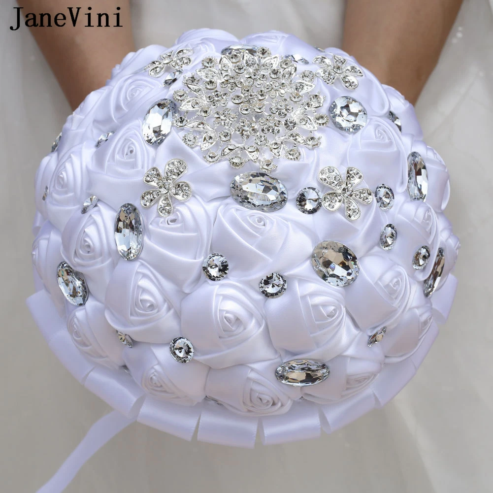 JaneVini 21cm Bling Crystal Rhinestone Satin Roses Handmade White Ivory Ribbon Bride Bridal Wedding Flowers Bouquets De Fleur