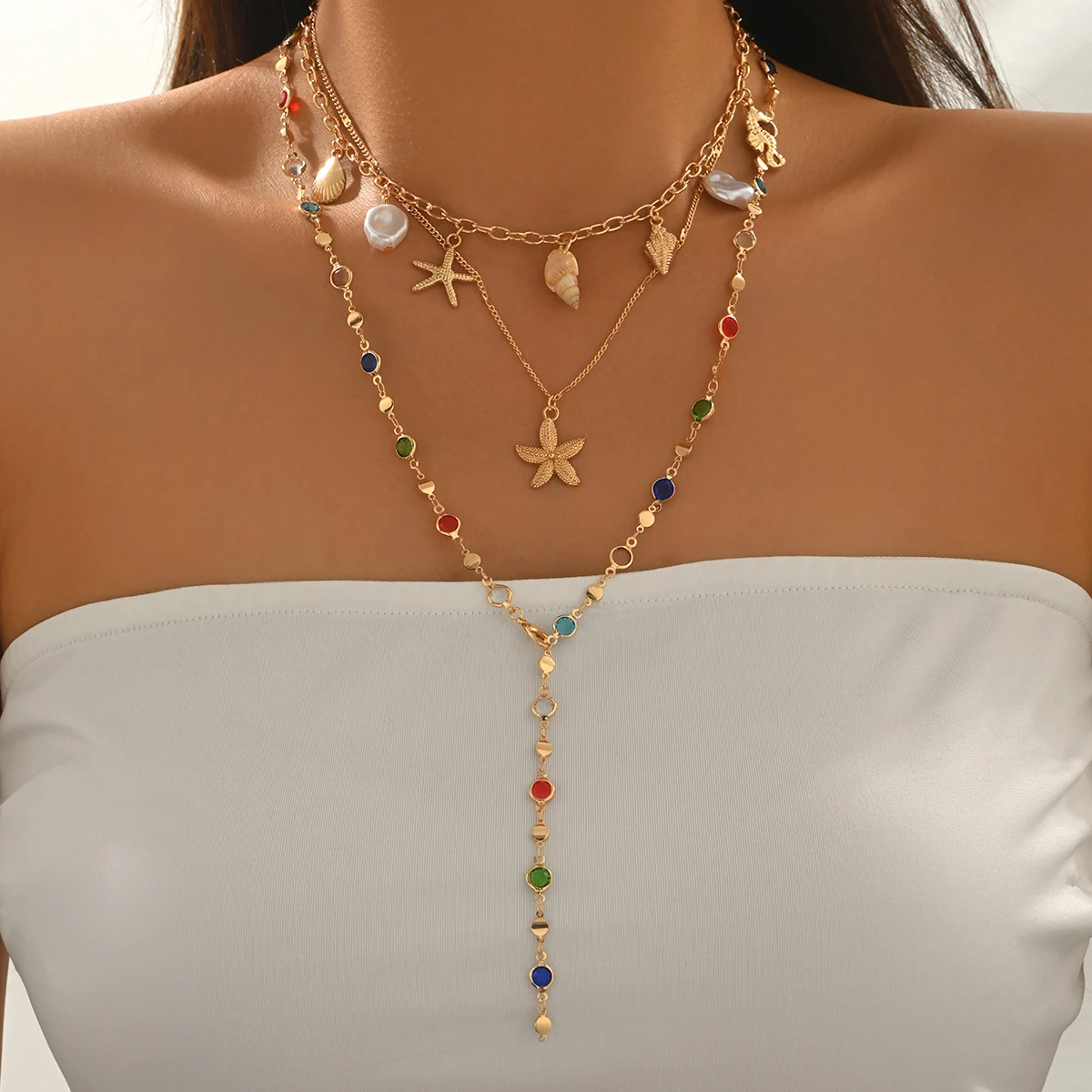 Boho Layered Y Drop Necklace Women Multicolor Glass Rhinestone Starfish Shell Baroque Imitation Pearl Summer Beach Ocean Jewelry