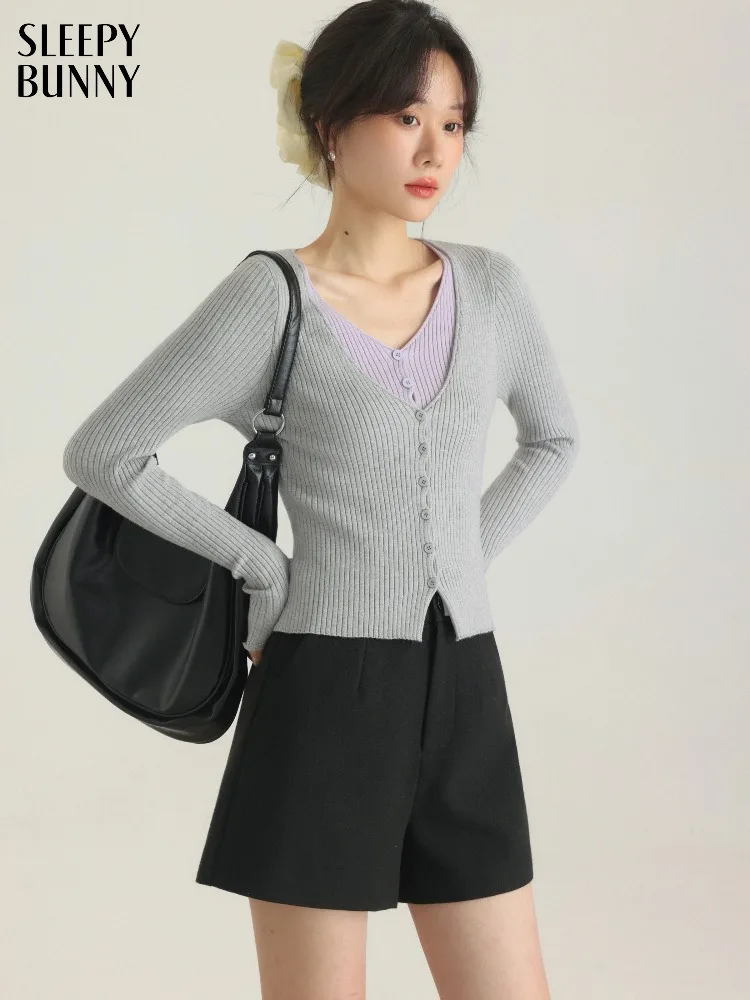 

Тонкий вязаный кардиган, женский весенний топ с v-образным вырезом и длинными рукавами, короткий укороченный свитер, искусственный дизайн из двух предметов, эластичная рубашка в рубчик