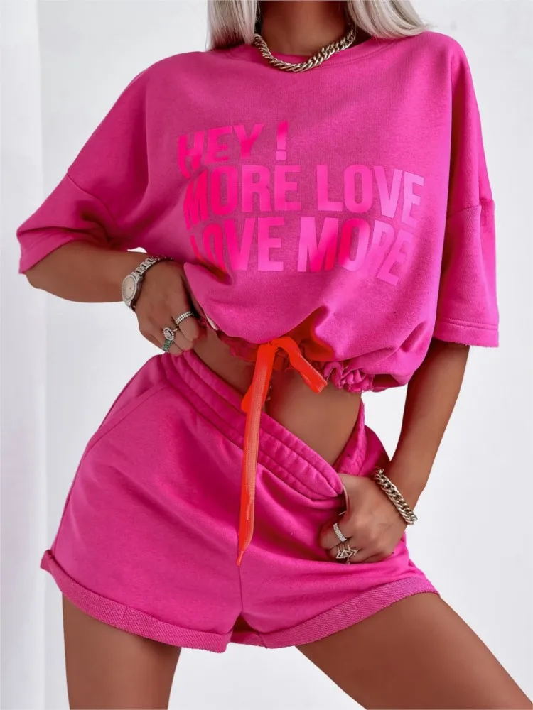 

Spring Summer Print Letter Two Piece Sets Women O-neck Short Sleeve Tops Lace Up Elastic Waist Loose Casual Shorts Pants Set