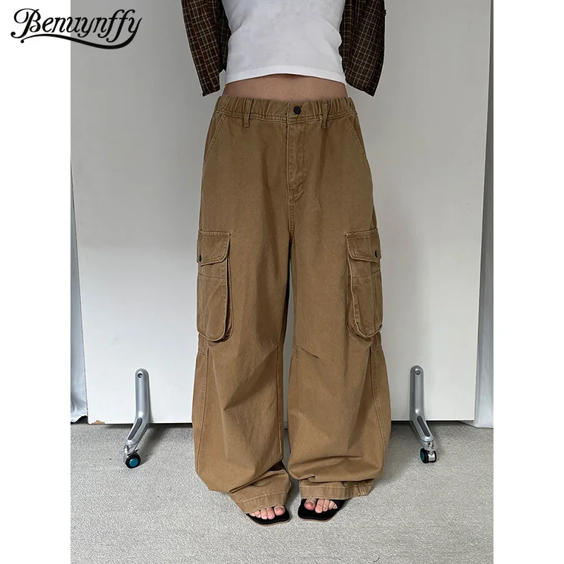 

Benuynffy Streetwear BF Style Cargo Jeans for Women 2026 Spring New Elastic Waist Pockets Casual Y2K Baggy Denim Wide Leg Pants