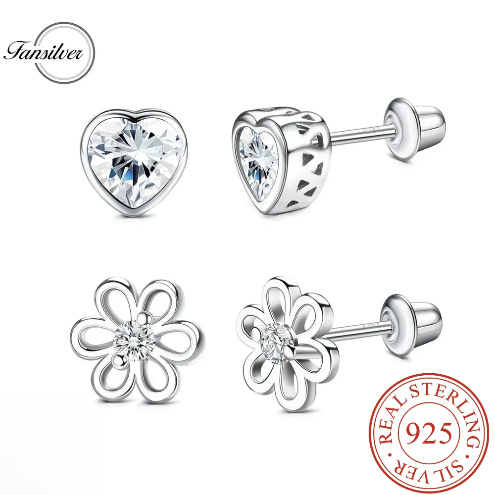 Fansilver, 2 uds., pendientes de plata 925 con tornillo trasero para mujer, pendientes con forma de corazón y flor CZ, joyería para Piercing de cartílago del trago