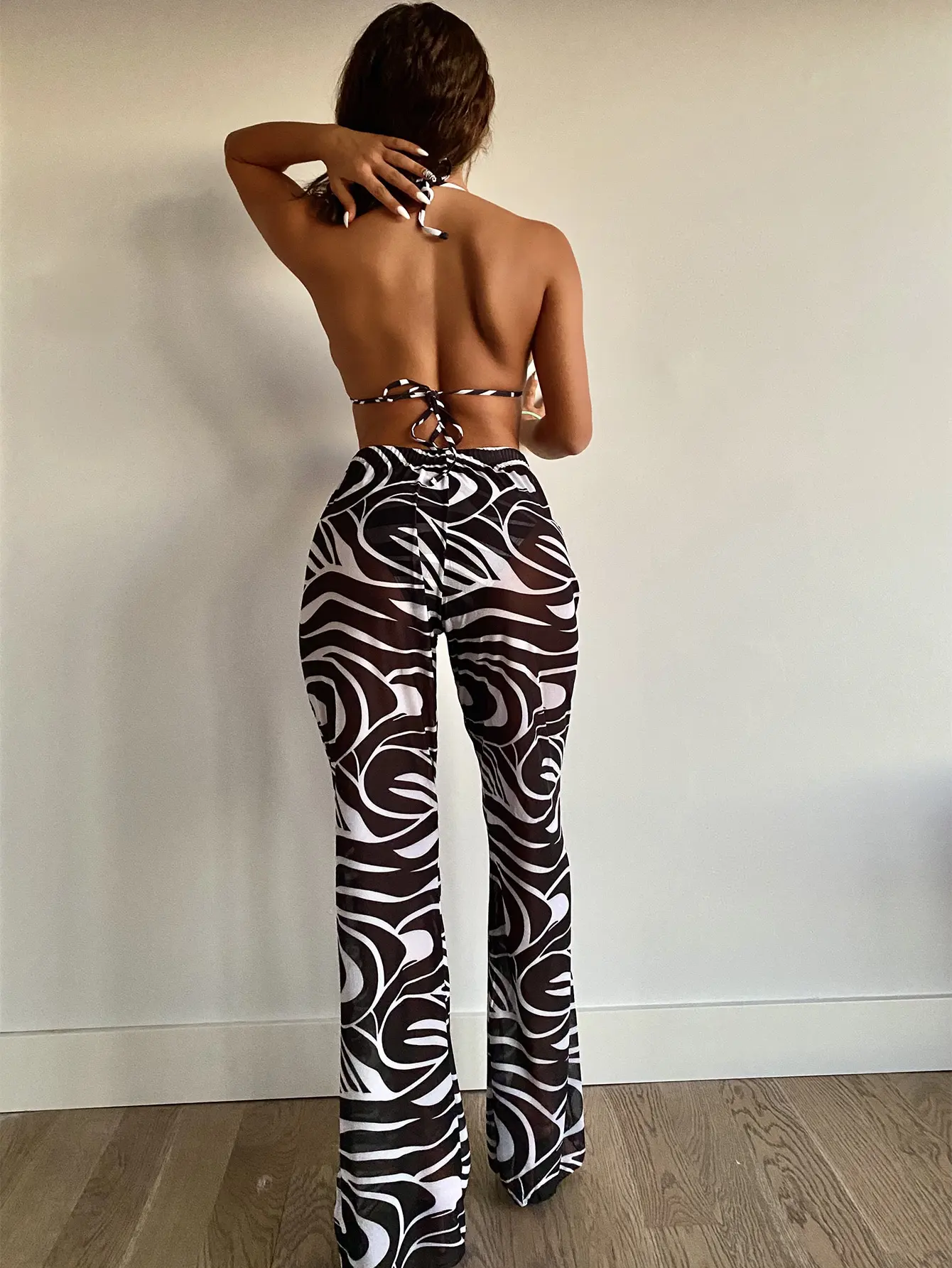 Three Piece Bikini Sets Swimsuit Women Beach Style Swimwear 2023 New Black and White Striped Trousers Bathing Suit