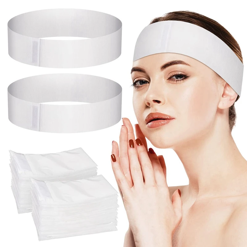 B37B-100PCS Disposable Spa Facial Headbands,Elastic Headband Wrap With Adjustable Magic Tape,Stretch Non-Woven Facial Bandeau