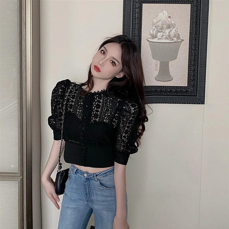 MEXZT Elegant Blouses Women Sweet Hollow Out Lace Shirts Vintage Korean Summer Puff Sleeve Solid Simple Slim Casual Crop Tops