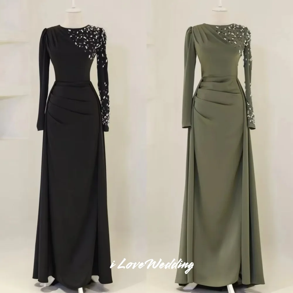 블랙 O넥 이브닝 드레스 2025 롱 슬리브 비즈 장식 머메이드 사우디 아라비아 플로어 기장 플리츠 웨딩 파티 드레스 맞춤 제작
