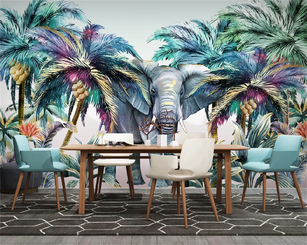 Custom Wallpaper Hand Painted Forest Animals Tropical Plants Elephant Coconut Tree Living Room Bedroom Background Wall Mural