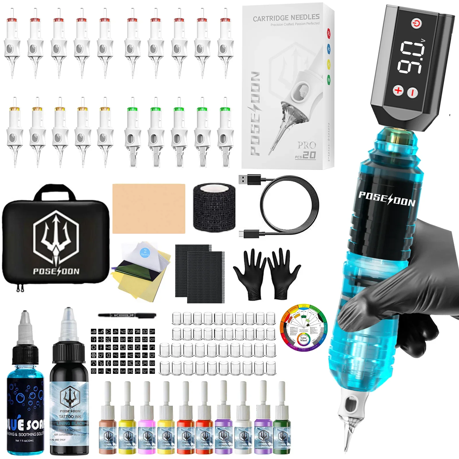 POSEIDON Tattoo Kit V6 Tattoo Stift Kit Für Permanent Make-Up Tattoo Maschine Kit HM142 Blau Tattoo Netzteil Tattoo Kit