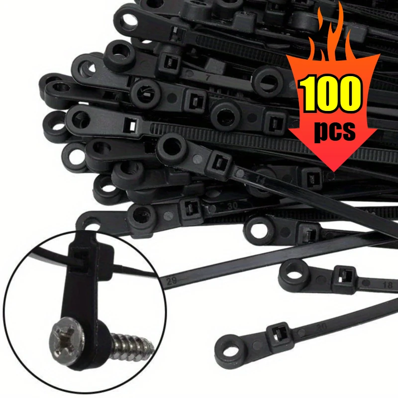 Nylon Cable Ties with Mounting Screw Hole, 100 Pieces