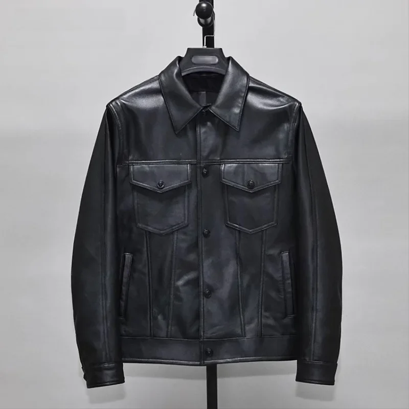 .100% natural Soft thin sheepskin.Young casual slim fit real leather jacket.Popular denim leather coat.Y2K.short