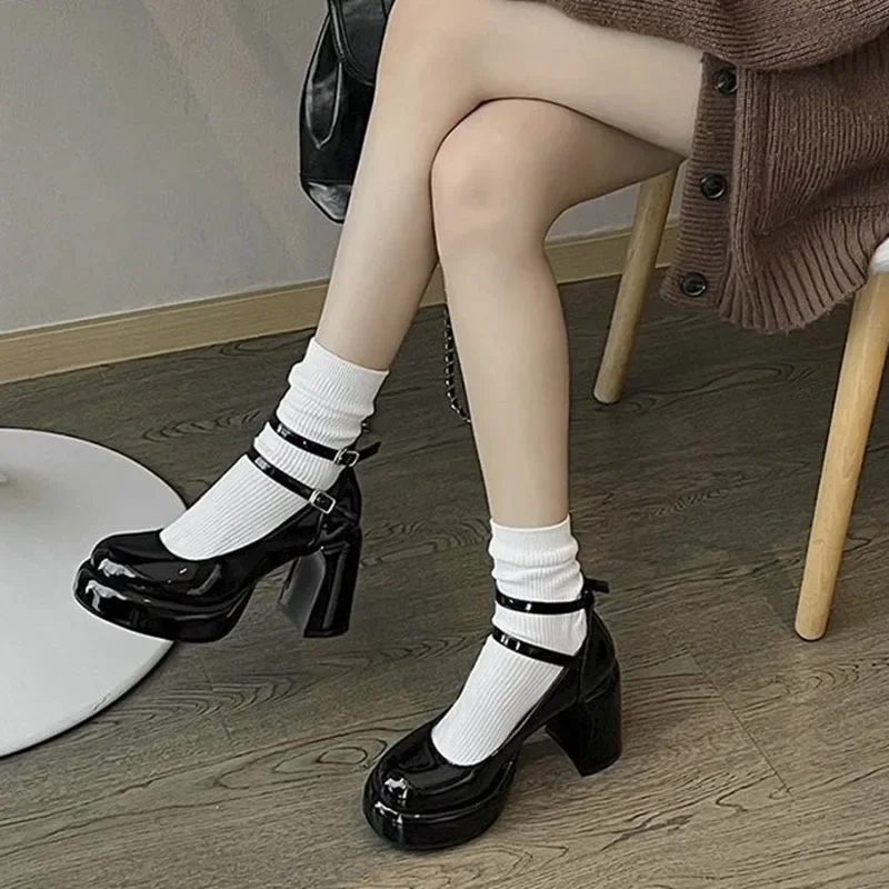 2024High Heels Women\'s Spring Autumn Pumps Shoes Red Black Retro Thick Soled  Jane  Ankle Buckle 9cm Chunky