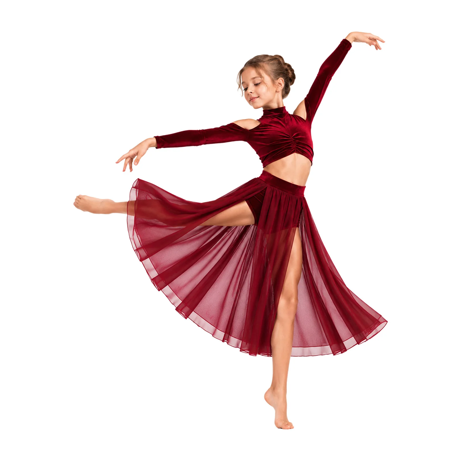 Girls Lyrical Ballet Dance Skating Gymnastics Costume Cold Shoulder Ruched Velvet Crop Top with Built-in Briefs Split Mesh Skirt