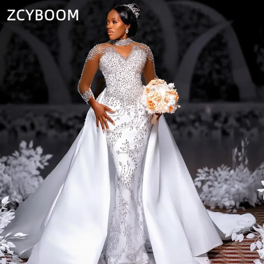 Customized Luxury Mermaid Satin African Bridal Gown O-neck Long Sleeves Crystal Wedding Dress Detachable Train Vestido De Noiva