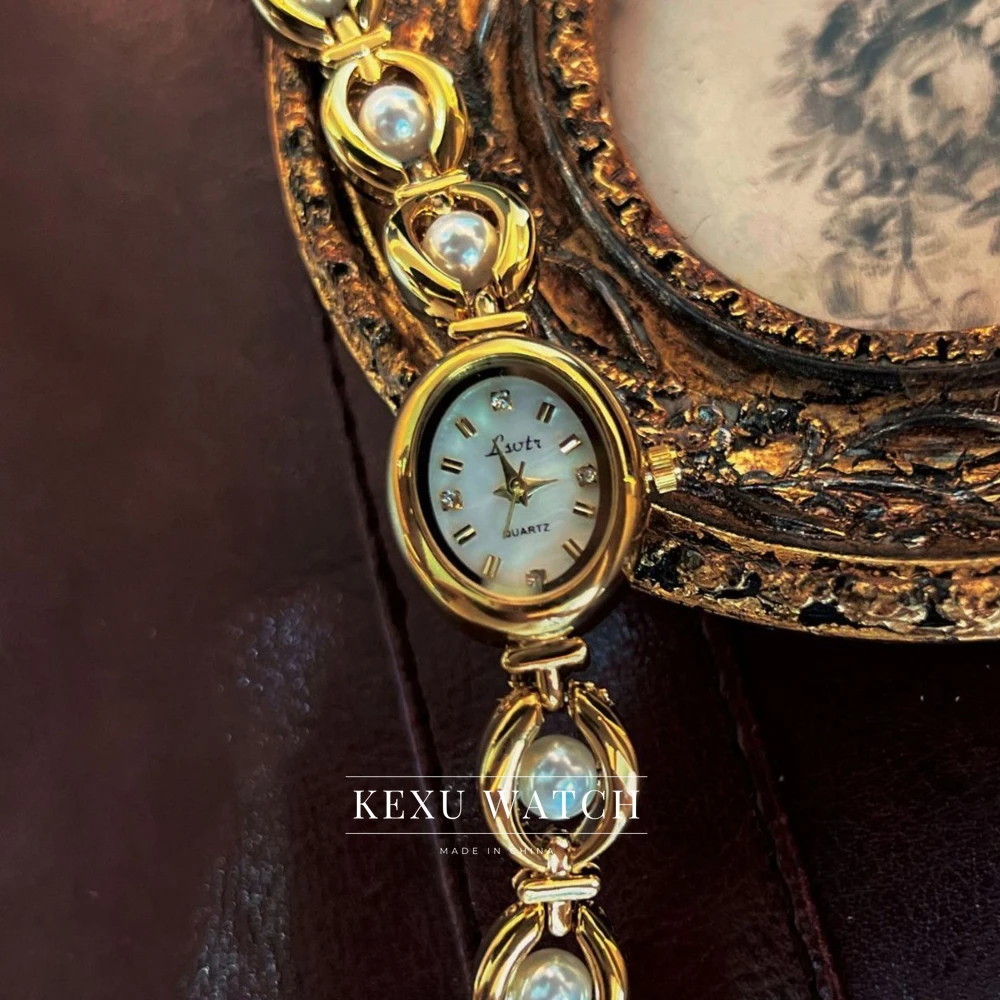 

LSVTR Watch for Women, Elegant Pearl Accent Bracelet Women's Watches Wholesale, Dainty Golden Oval Face Quartz Wristwatches