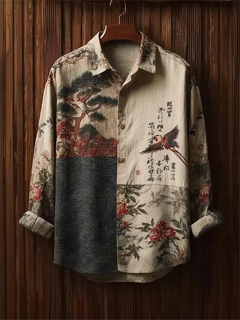 

New Chinese style antique bamboo plum 3D printed men's long sleeved shirt made of aged Zen style casual shirt