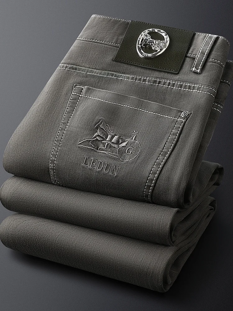 

ey Casual Cotton Denim Jeans for Men Embroidered Slim Fit Straight Leg Autumn Busin Simple Faion Jeans