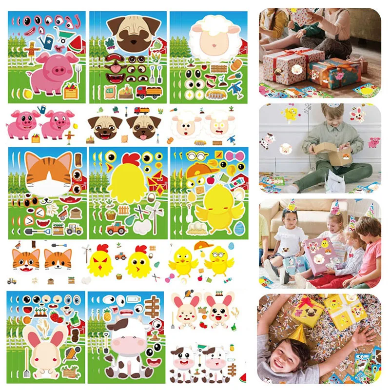 Classic Make A Face Stickers for Kids DIY Make Your Own Farm Animal Cartoon Puzzle Stickers Children Birthday Party Favor Gifts