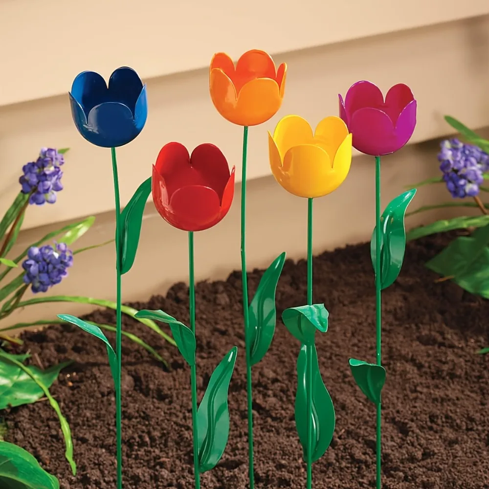 5Pcs Metal Tulip Garden Stakes Colorful Flower Yard Art Decor for Outdoor Patio Lawn Fairy Garden Landscape Border Ornament