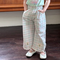 Summer Children's Split Plaid Casual Pants Spring Loose Cool Wide Leg Pants Elastic Waist Love Lace Edge Mosquito Proof Pants