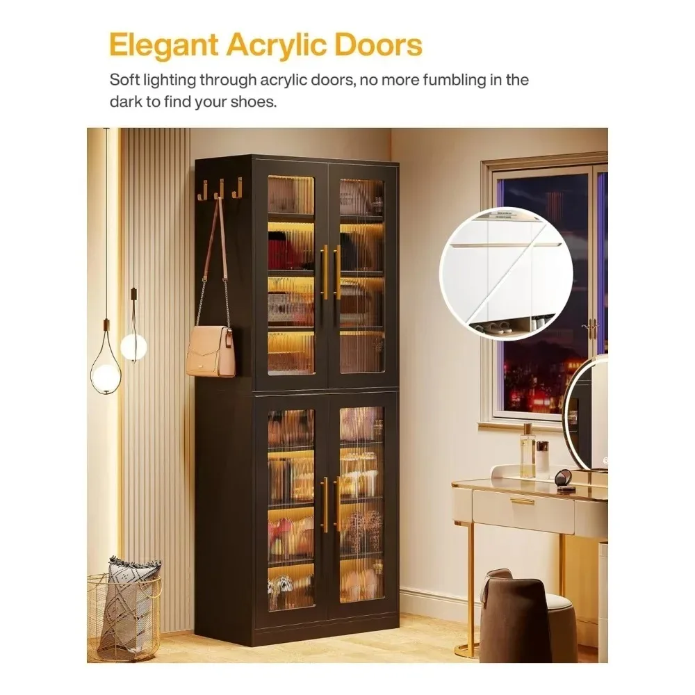 Tall Shoe Storage Cabinet with Acrylic Doors and LED Lights, 8-Tier Entryway Shoe Organizer Rack with Adjustable Shelves